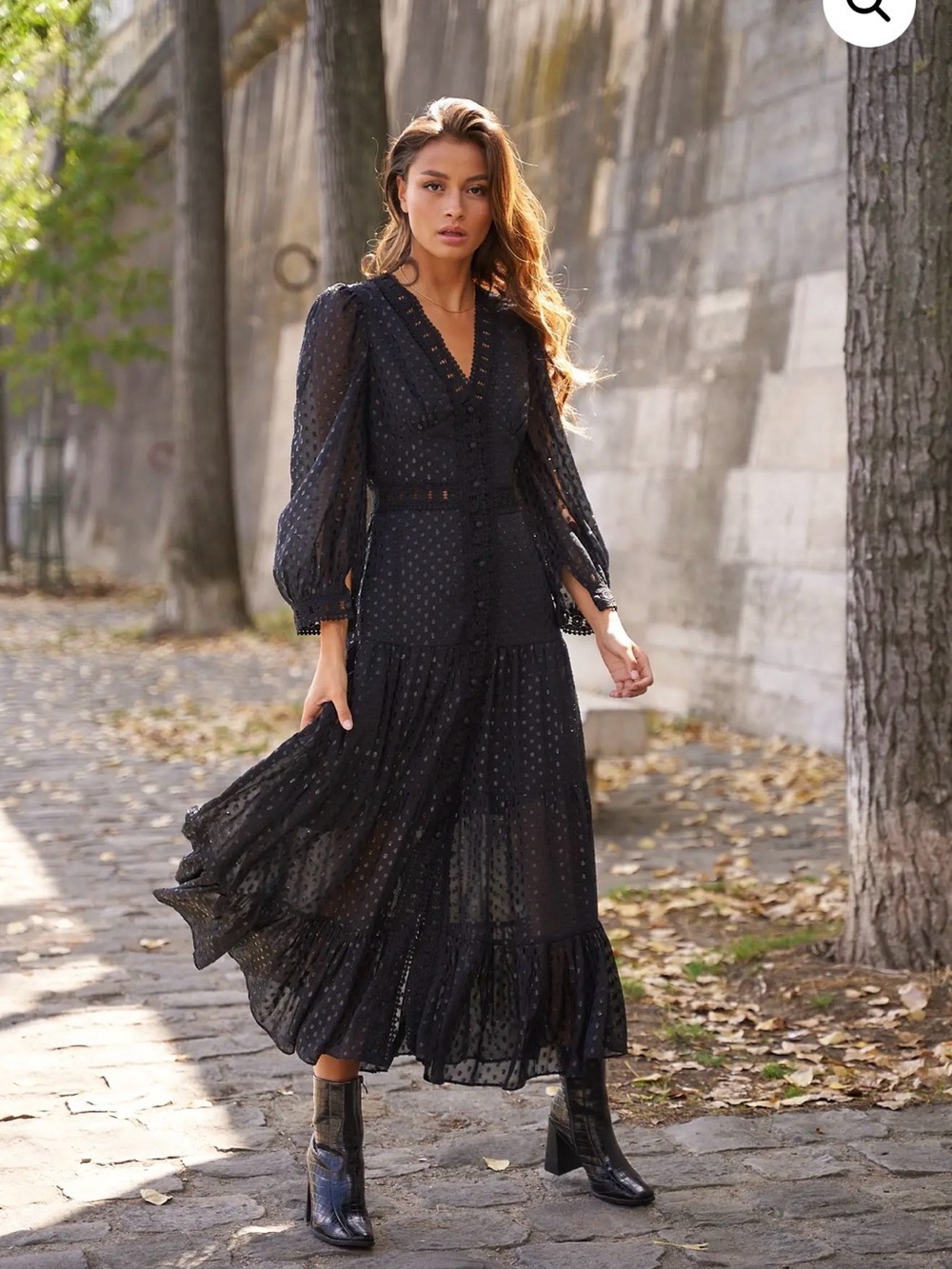 CHOKLATE Paris Avril Black & Gold Maxi Dress with Sheer Long Sleeves